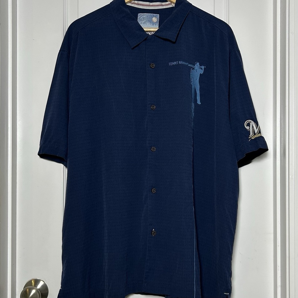Tommy Bahama 100% Silk Navy Blue MLB Milwaukee Brewers Short Sleeve Camp Shirt